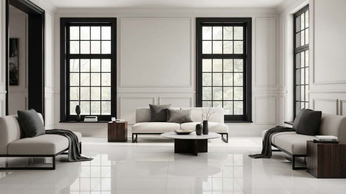 Black Frames and Cream Walls with Polished Porcelain Tiles<