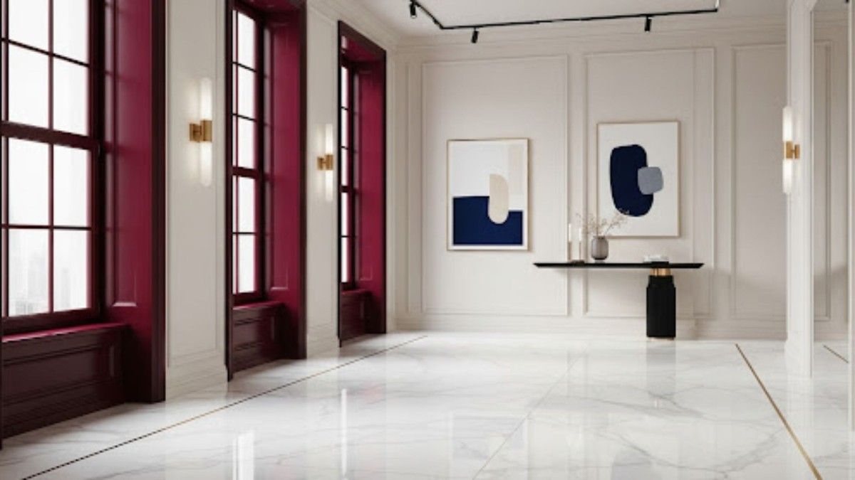 Deep Burgundy Windows and Cream Walls with White Marble Tiles