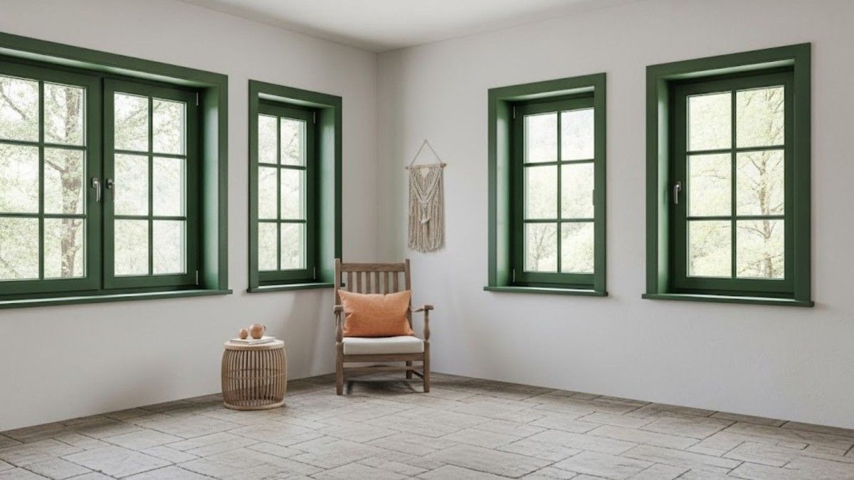 Forest Green Windows and Off-White Walls with Textured Stone Tiles