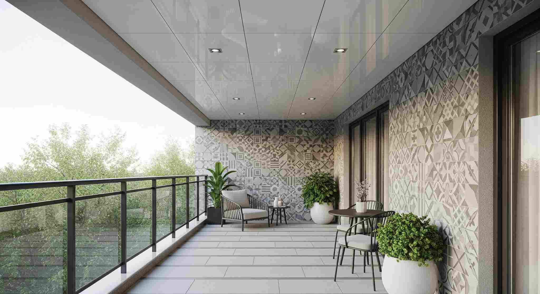 Glossy White Tiles for a Brighter Balcony