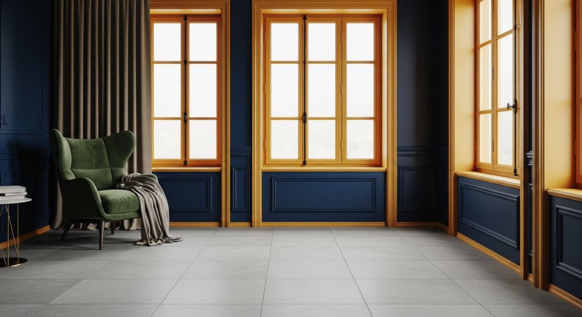 Golden Ochre Windows and Midnight Blue Walls with Grey Matte Tiles