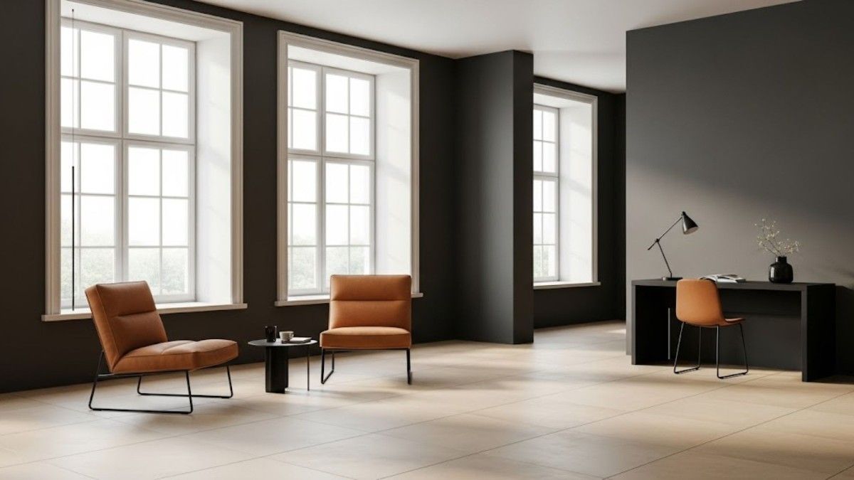 Ivory White Windows Charcoal Grey Walls with Beige Tiles