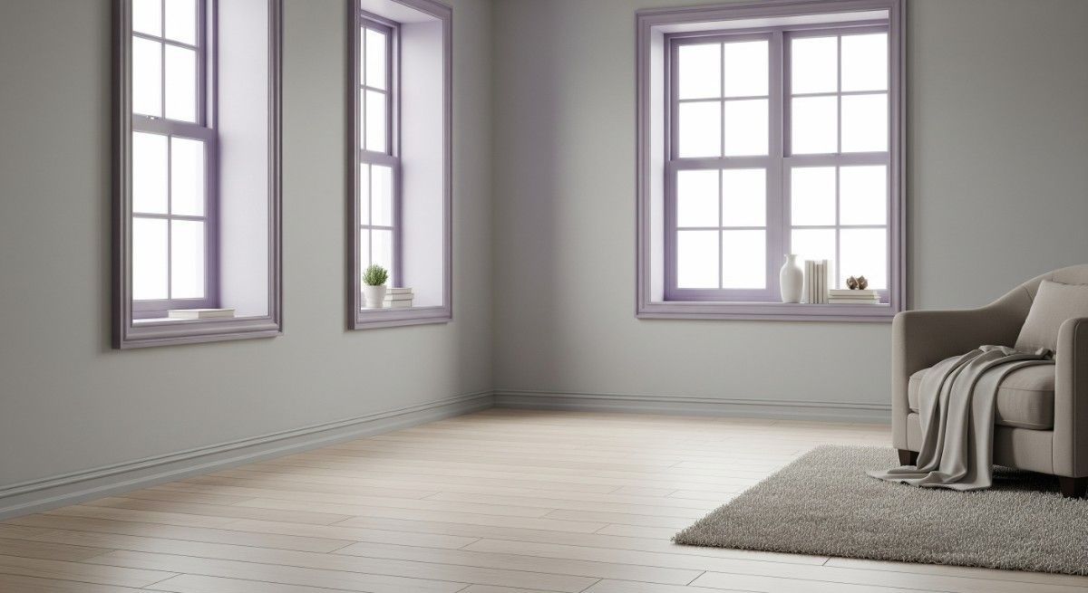 Muted Lavender Windows and Pale Grey Walls with Light Wood Tiles