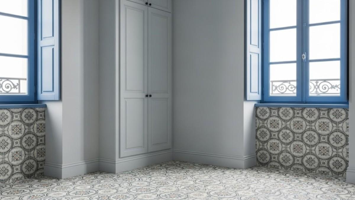 Slate Blue Windows and Light Grey Walls with Moroccan Pattern Tiles