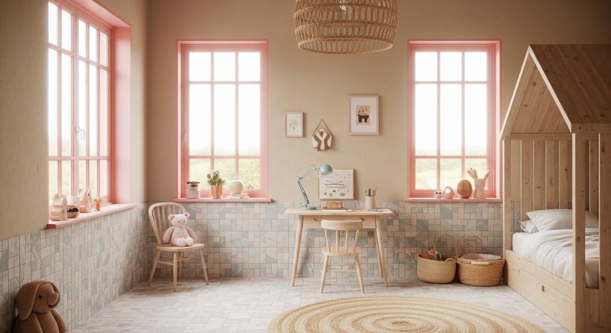 Soft Pink Windows and Sandy Beige Walls with Pastel Mosaic Tiles