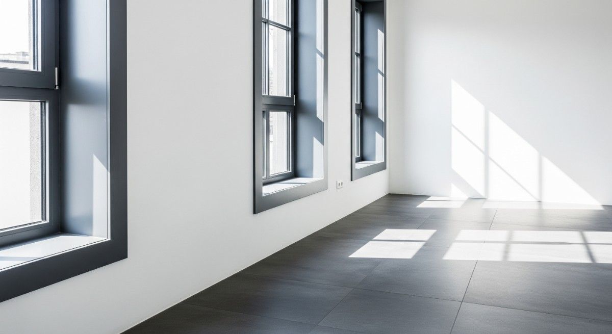 Steel Grey Windows and Bright White Walls with Graphite Tiles