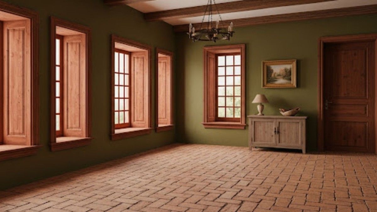 Terracotta Frames and Olive Green Walls with Brick Look Tiles