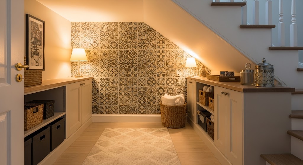Under-Stair Store Rooms with Mosaic Tile Accents